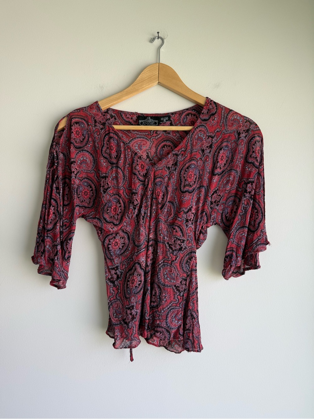 Angie Boho Paisley Surplice Cold Shoulder Tie Waist Top M